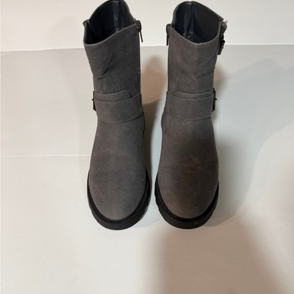 Grey Just Fab Biker Boots with Demi Buckle. Great condition.